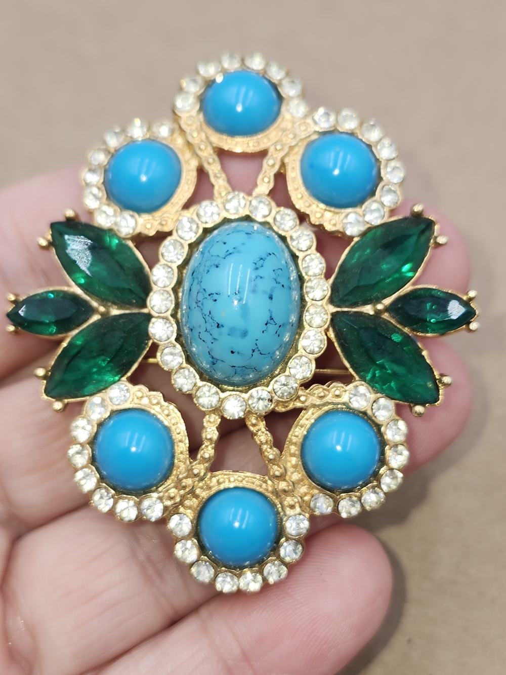 Sarah Coventry Maharani Brooch Pendant Green Clear Rhinestones Faux Turquoise